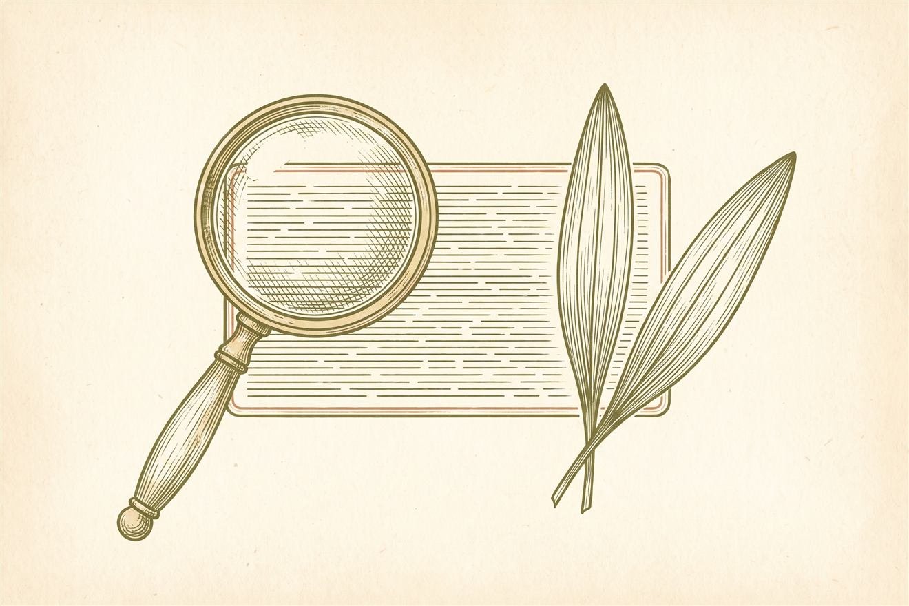 Planche gravée : une loupe posée sur une étiquette, à côté de deux feuilles de plantain lancéolé.