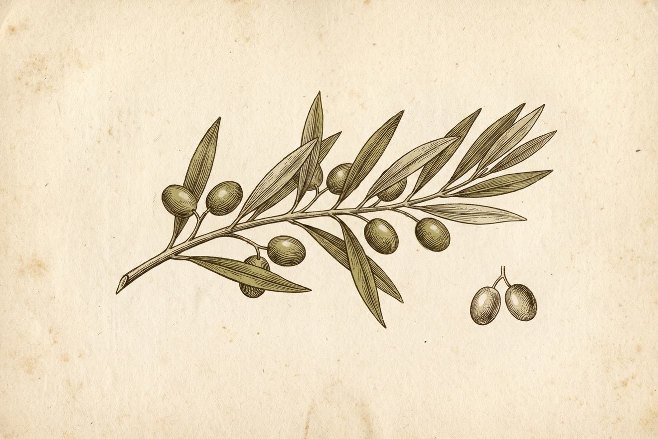 Planche gravée d'un rameau d'olivier portant des olives, avec une étude de détail de deux olives.